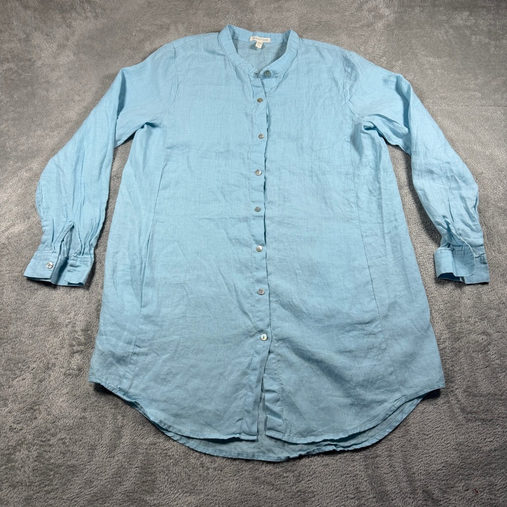 Eileen Fisher Linen Tunic Women Small Blue Organic Mandarin Collar